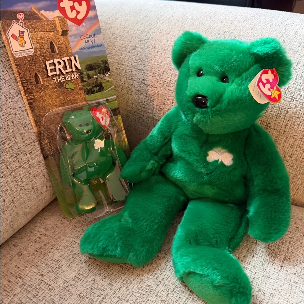 Ty Erin Beanie Bear Plush Toys.  One McDonalds Edition and one larger Bear.